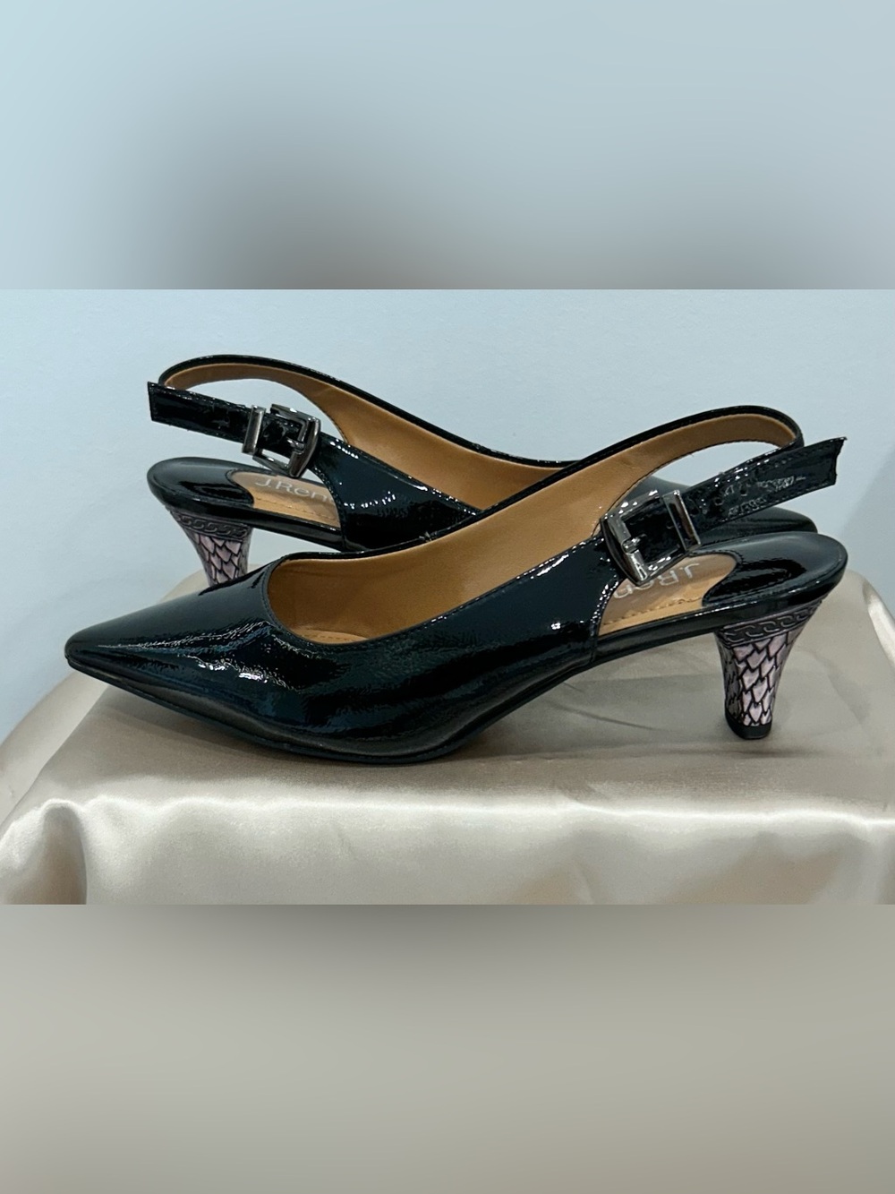 J.Renee Black Patent Pointed-Toe Slingback Flats